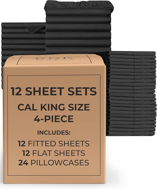 Bulk Case Pack of 12 Sheet Sets - (12) Complete Sheet Sets - Bulk Cal King Bedding - Wholesale Case Pack for Hotels, Spa & Airbnbs - Deep Pocket & Wrinkle Free - Cooling & Breathable - Cal King, Black