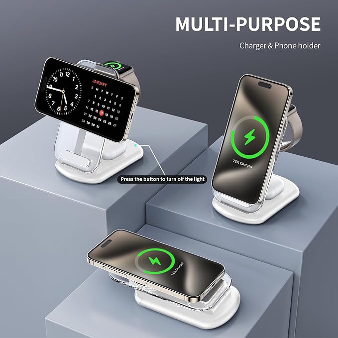 2025 Traveling Wireless Mag-Safe Fast Charging Station,Magnetic 3 in 1 Charger with Light for iPhone 17 16 15 14 13 12 Pro Max Plus,Apple Watch& Air pods 4 3 2 Pro-Gifts for Wife & Husband(White)