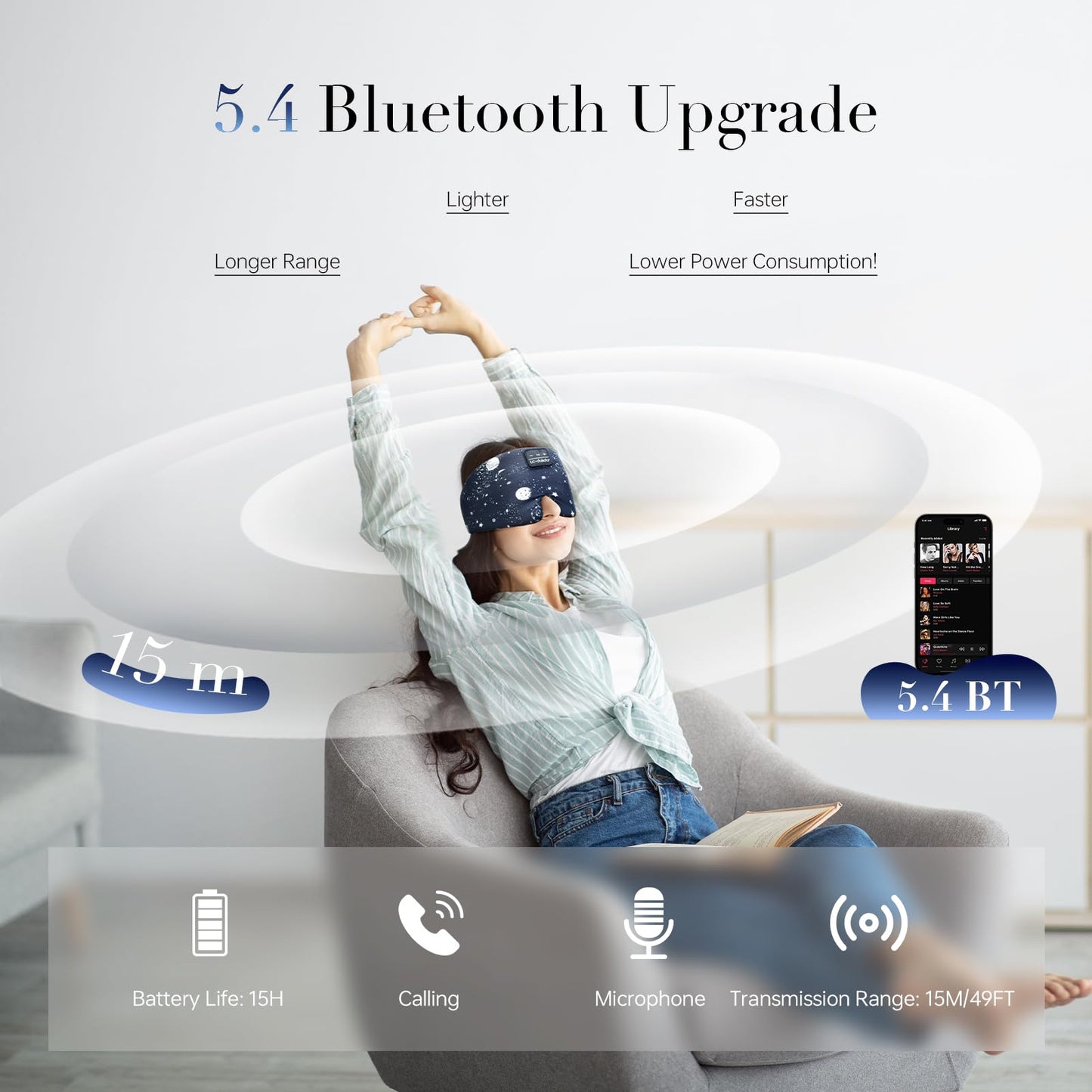 LC-dolida Sleep Mask with Bluetooth Headphones, Extra Large Silk Eye Mask for Sleeping Side Day Sleepers, Sleep Headphones Bluetooth 5.4 for Women Men with Thin Speaker, Blackout, Comfort, Microphone