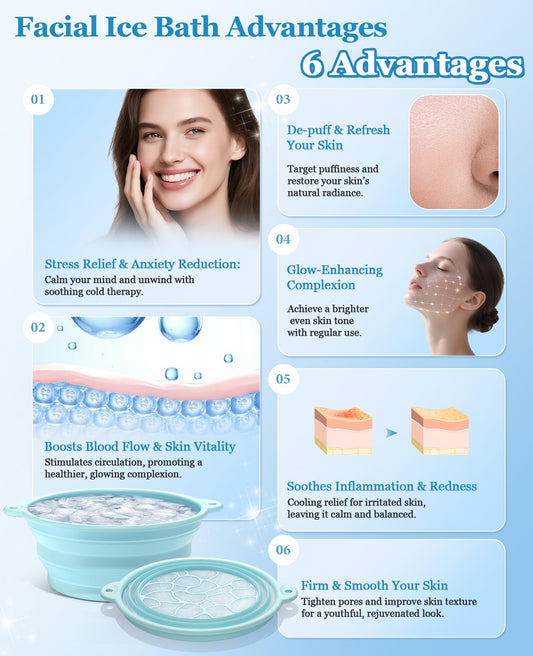 Foldable Silicone Face Ice Bath Bowl with Built-In Ice Tray, Cold Plunge Therapy for Skin Tightening, Puffiness Reduction & Acne Relief, Portable Spa Tool for Home & Travel (Blue)