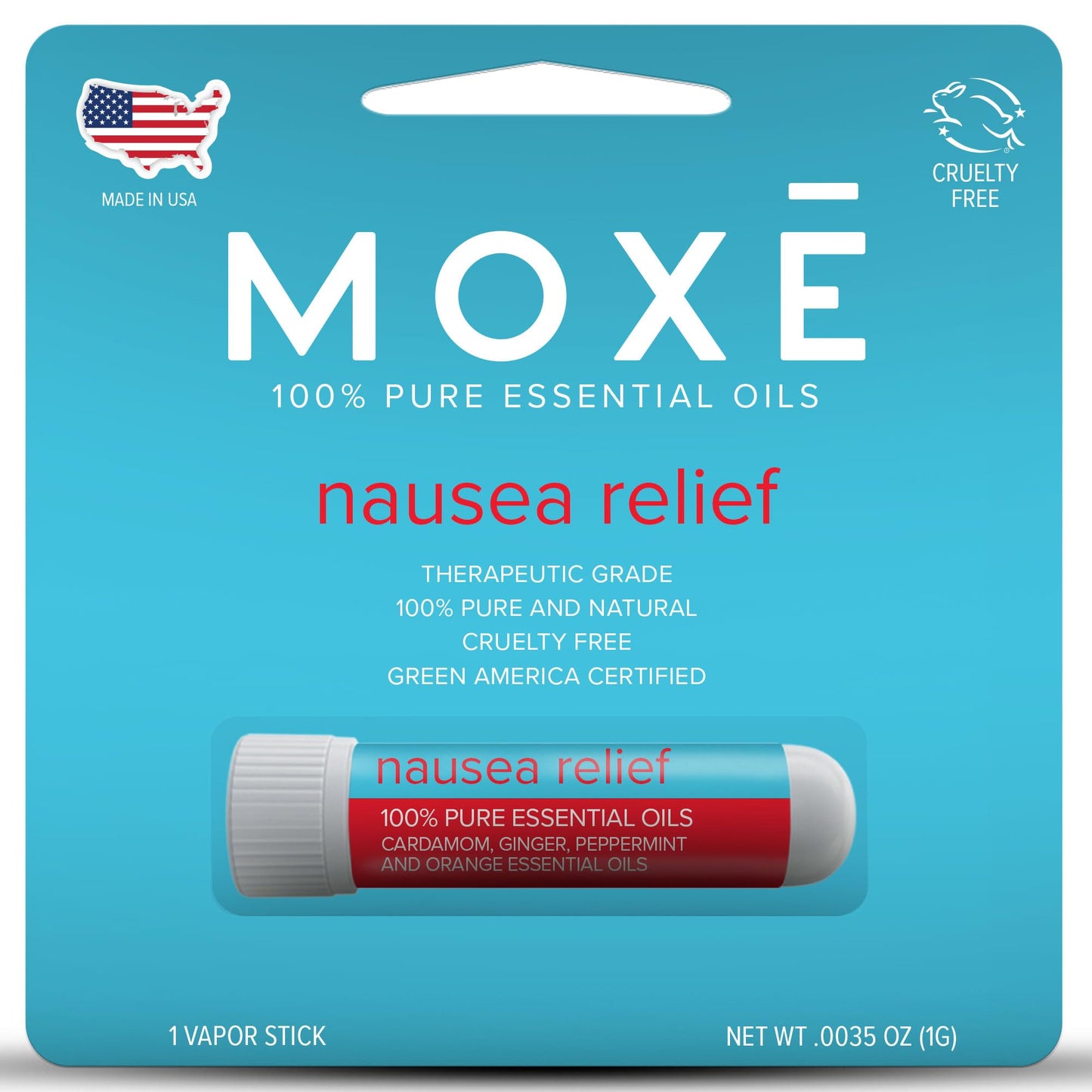 MOXE Nausea Nasal Inhaler Sticks, All Natural Essential Oil Blend, Ginger, Cardamom, Peppermint, Sweet Orange, Upset Stomach, Headaches, Easy-to-Use Portable Aromatherapy, Made in USA, 1 Pack