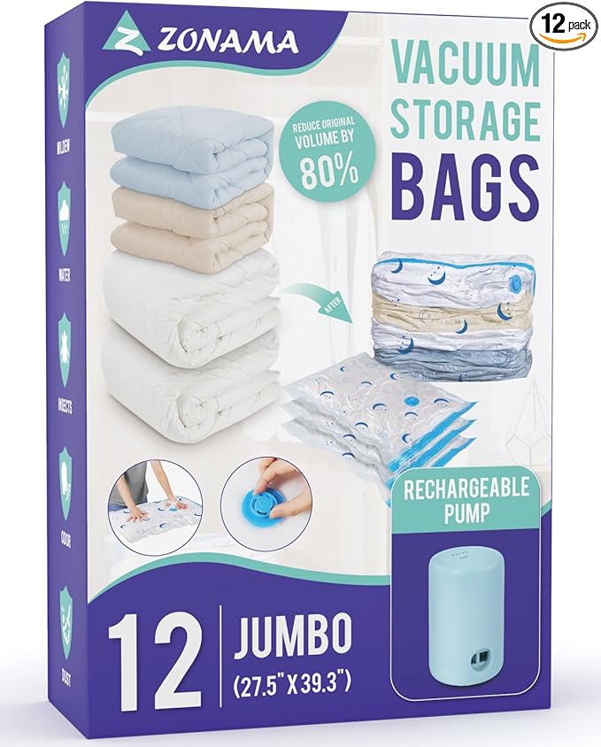 Vacuum Storage Bags with Rechargeable Pump,12 Pack Jumbo Size (39.3"x27.5") Vacuum Sealed Space Save Bag with 1500mAh Pump for Clothes, Blanket, Duvets, Pillows, Comforters, Quilt, Travel, Moving