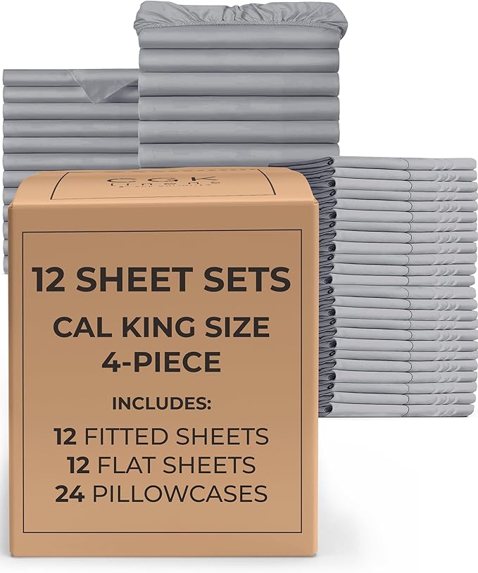 Bulk Case Pack of 12 Sheet Sets - (12) Complete Cal King Size Sheet Sets w/Deep Pockets - Wholesale Bulk Bedding for Hotels, Spas & Airbnbs - Breathable, Soft & Wrinkle Free - (Cal King, Steel Blue)