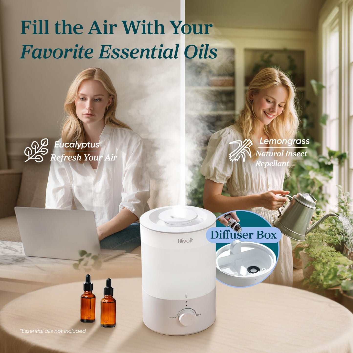 LEVOIT Humidifiers for Bedroom, Quiet (3L Water Tank) Cool Mist Top Fill Essential Oil Diffuser with 25Watt for Home Large Room, 360° Nozzle, Rapid Ultrasonic Humidification for Baby Nursery and Plant