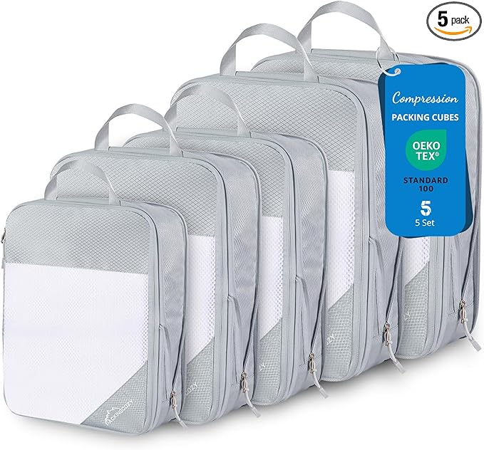 Compression Packing Cubes, 5 Set Packing Cubes for Travel Compression, Lightweight Compressible Package Organizer for Carry On and Suitcases, Light Grey