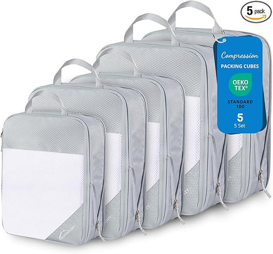 Compression Packing Cubes, 5 Set Packing Cubes for Travel Compression, Lightweight Compressible Package Organizer for Carry On and Suitcases, Light Grey
