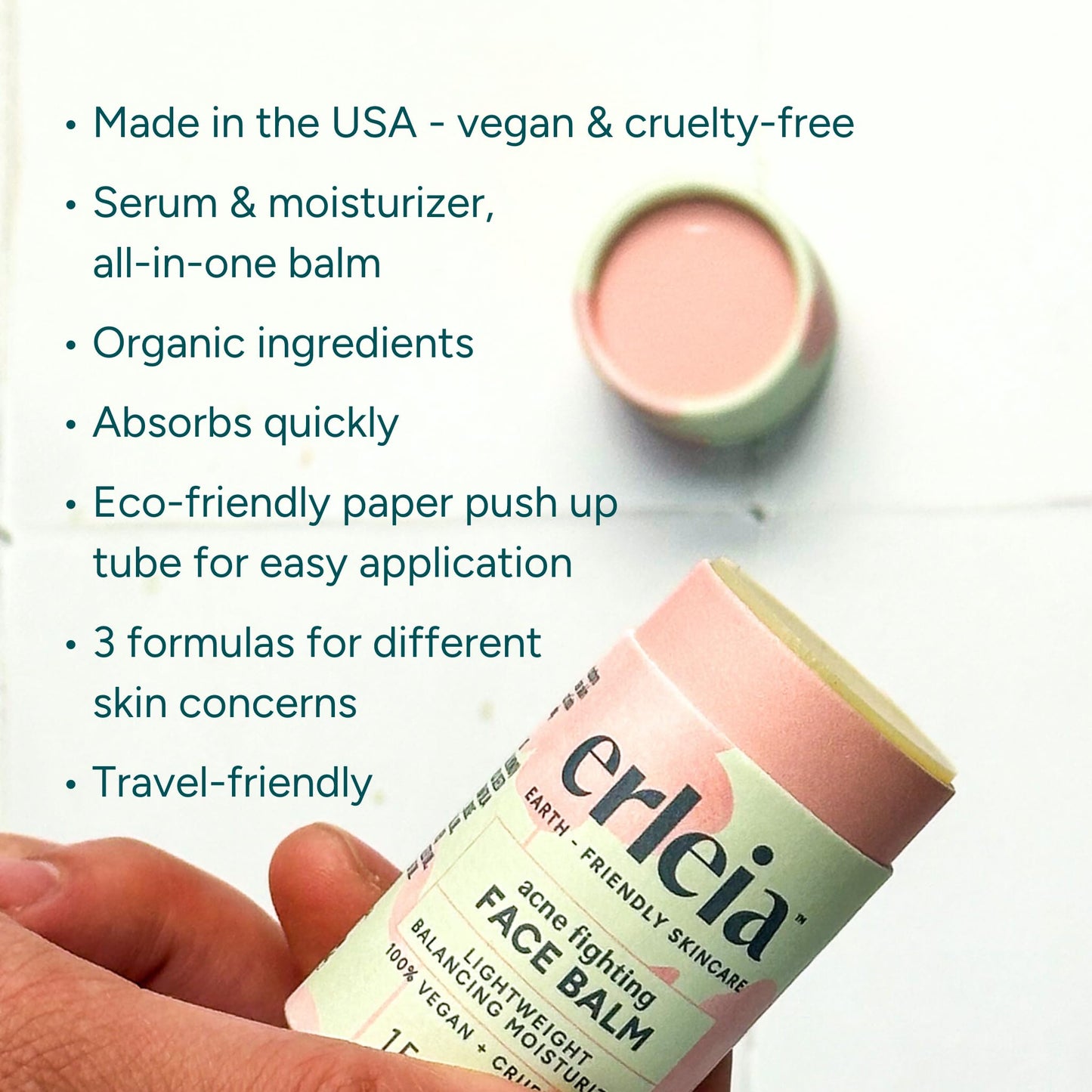 Erleia Face Balm - Solid Facial Moisturizer for Acne, Vegan, Cruelty-Free, Travel-Friendly, Plastic-Free, Sustainably-Sourced Ingredients