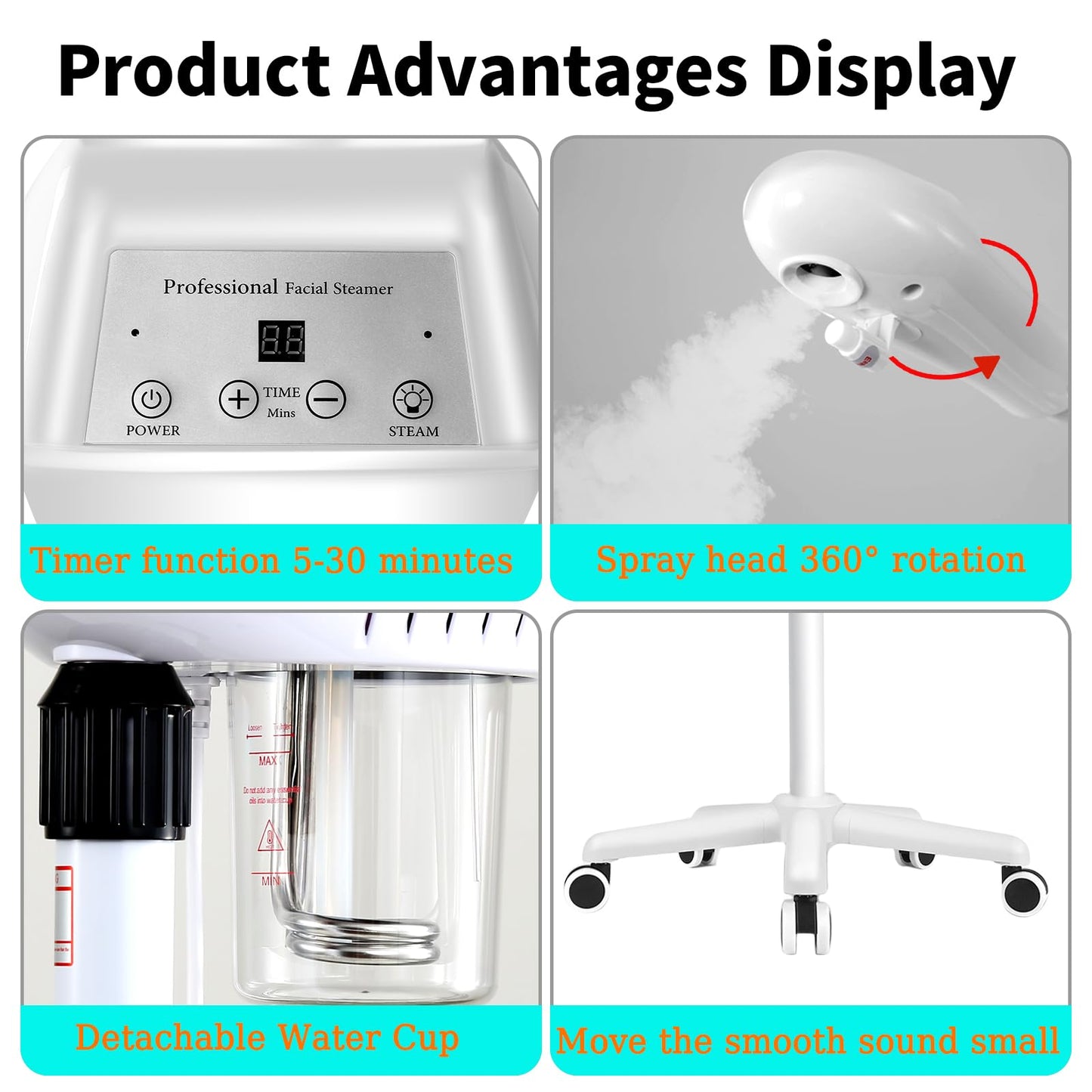 Professional Facial Steamer, Stand Ozone Face Steamer on Wheels, Adjustable Height and Angle,Estheticians Steamer More Steam,Hot Mist Facial Humidifier Atomizer for Spa Beauty, Home Use