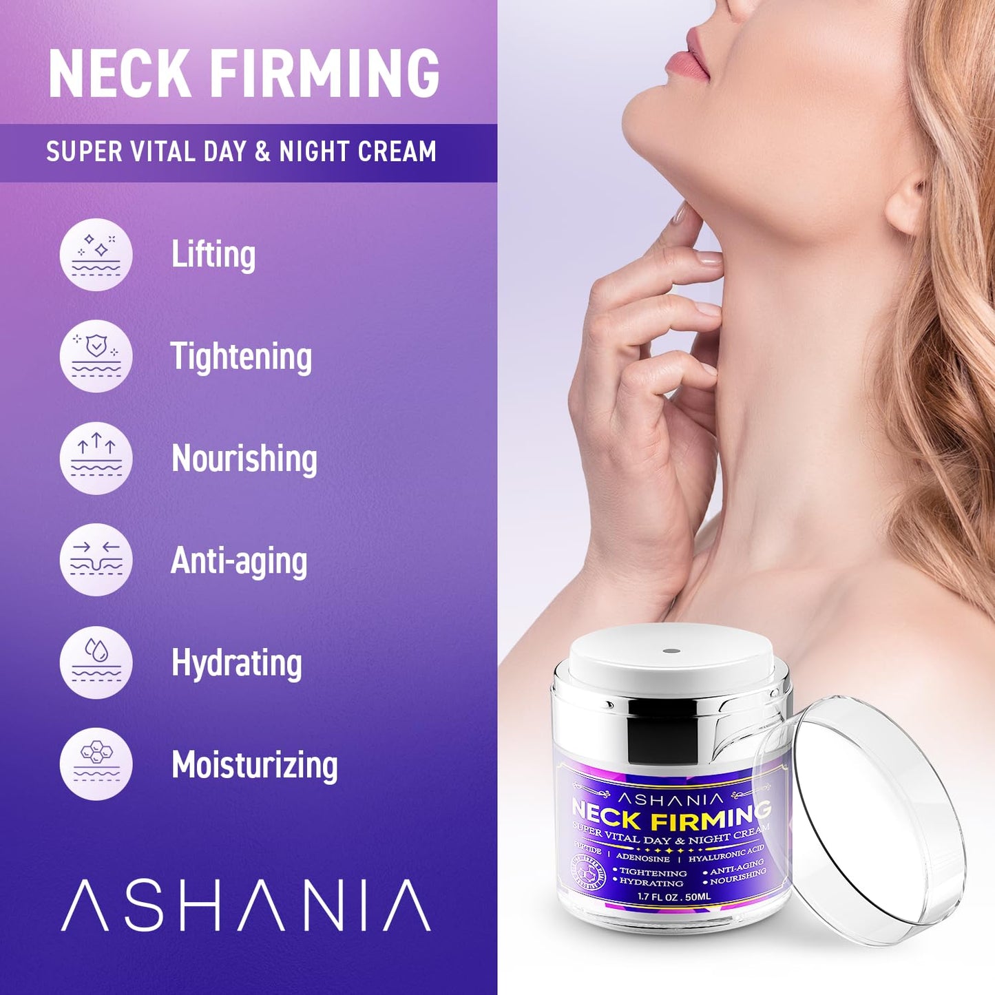 Ashania Neck Firming Cream : Skin Tightening Cream Moisturizer Face and Neck Lift Tightening with Hyaluronic Acid & Peptide & Adenosine Korean Skin Care & Advanced Formula 1.7 fl oz