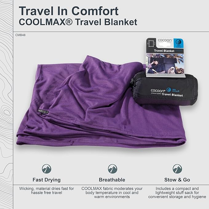 cocoon - Coolmax Travel Blanket | Compact Throw Blanket for Camping and Hiking | Fits in Backpack | Attaches to Luggage | Travel Essential | Fast Drying (Regular 70" x 55")