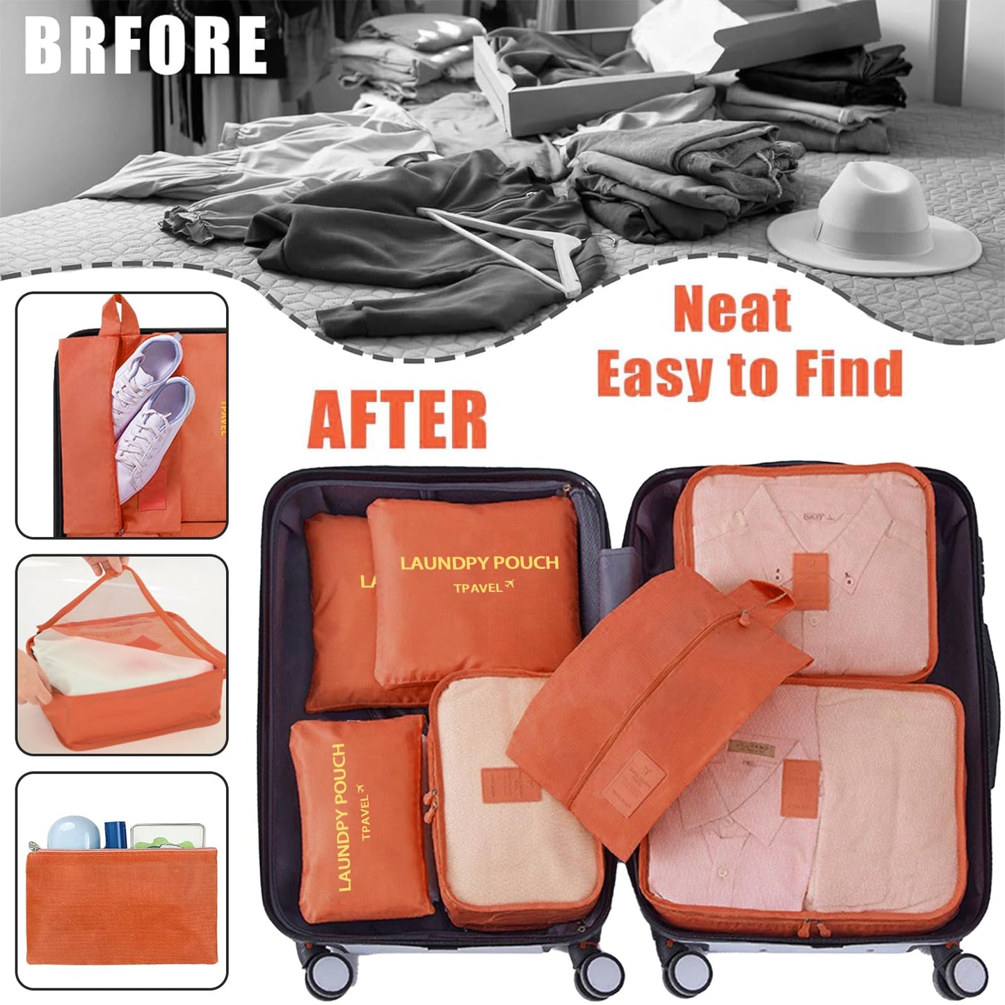 7 Set Packing Cubes for Travel Luggage Packing Bags Reusable Waterproof Suitcase Organizer Bags Set with Shoe Bag and Toiletry Bag (Orange)