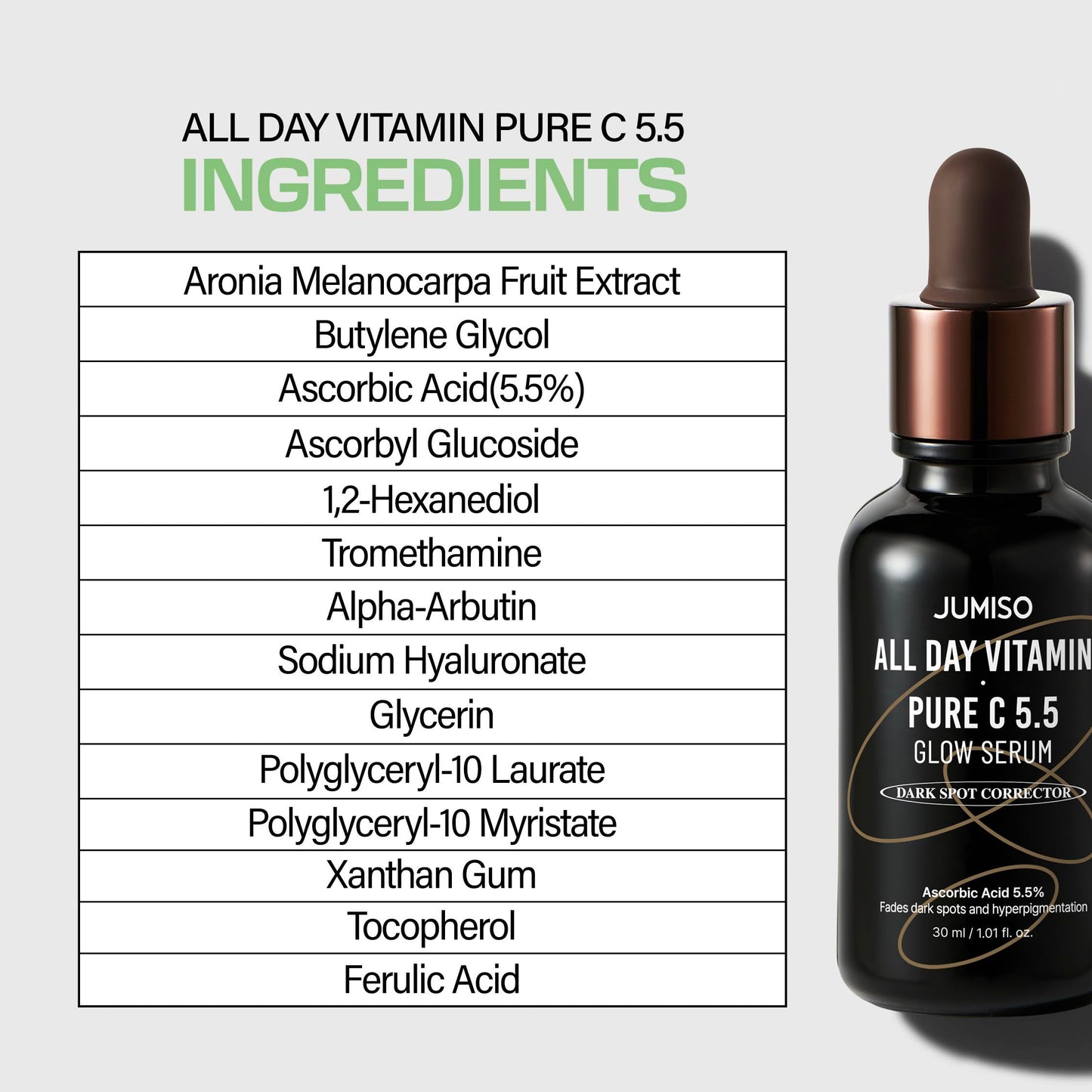 JUMISO All Day Vitamin Pure C 5.5 Glow Serum - L-Ascorbic Acid Alpha-Arbutin Aronia Extract Improves Pigmentation Hyperpigmentation - Korean Skincare, Dermatologist Tested Sensitive Skin 1.01 fl.oz.