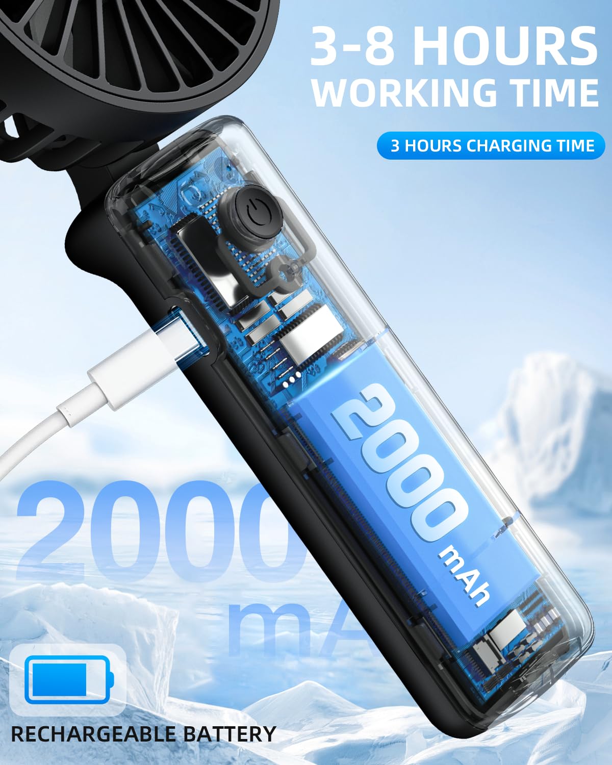 Hssio Portable Handheld Fan, Mini Desk Fan Foldable 2000mAh, 180° Ratotion, 3 Speeds, Ultra Quite, Up to 8H Long Use Time, Small Personal Cooling Fans Makeup Lash Fan for Women Girls