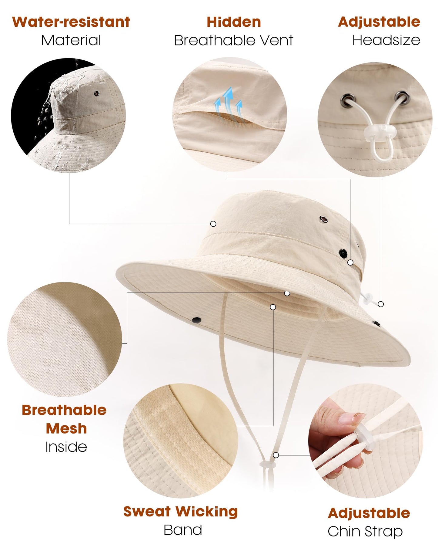 FURTALK Sun Hats for Women with Ponytail Hole Wide Brim Beach Bucket Hat UPF 50+ Fishing Hiking Outdoor Hats Beige