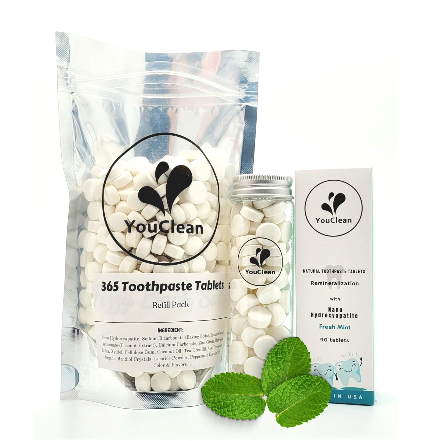 YouClean 90 toothpaste tablets in Refill/Recycle Glass Tube - For Travel and Daily Home Office Use - Nano Hydroxyapatite, Fluoride-Free, Vegan (Mint)