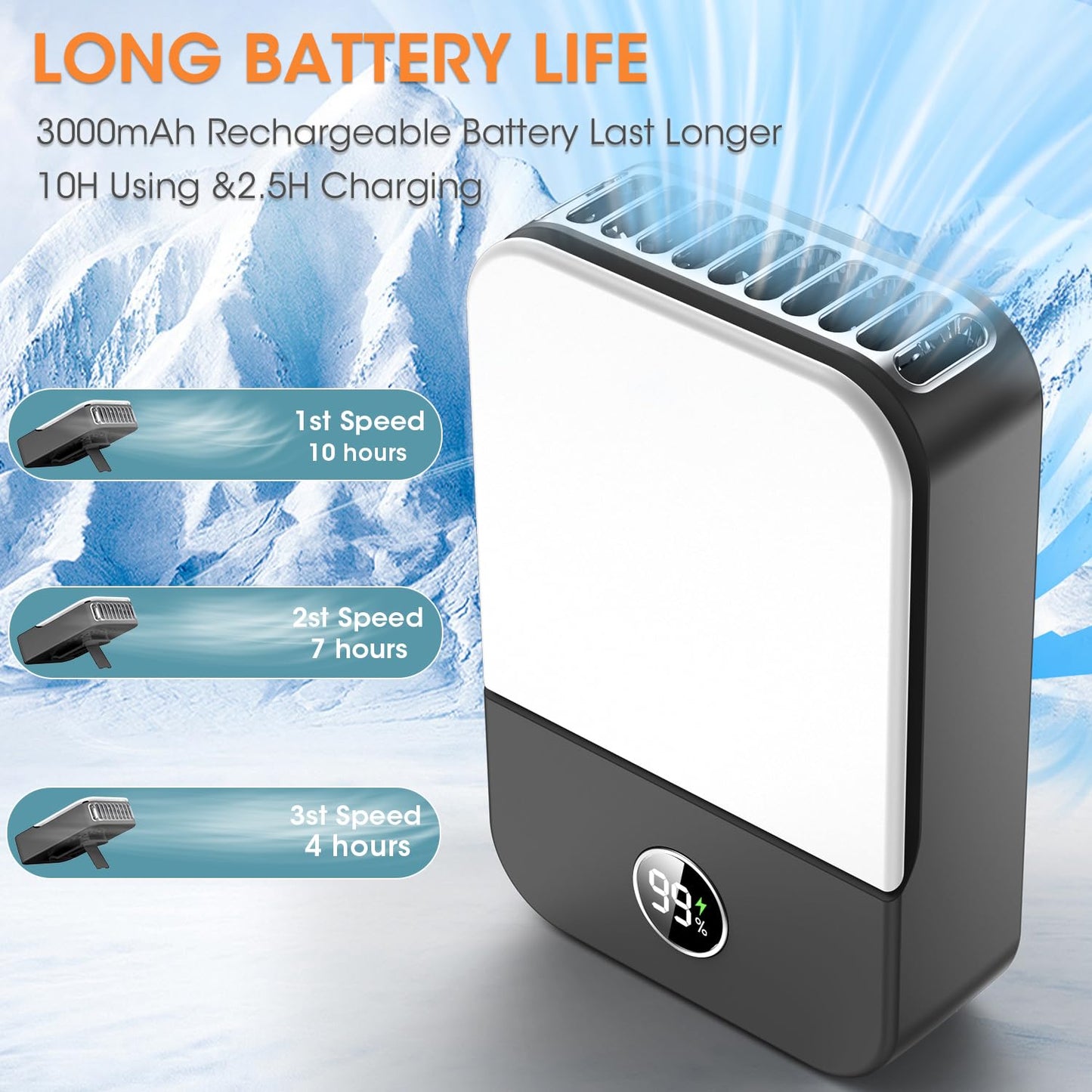 Andwing Portable Neck Fan Rechargeable, Mini Fan Handheld with Waist Clip 3 Speed Adjustable, Leafless Personal Fan for Home Office Outdoor Travel (Grey)