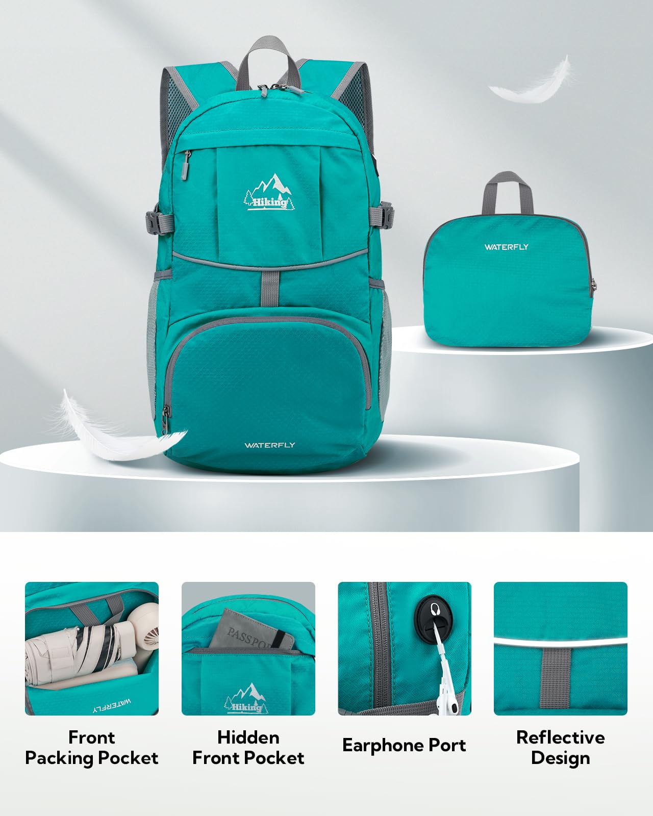 WATERFLY Hiking Foldable Daypack Backpack: 25L Ultra Lightweight Waterproof Day Pack for Woman Man - Small Compact Packable Folding Back Pack for Outdoor Sport Cycling Biking Travel Trip - Turquoise