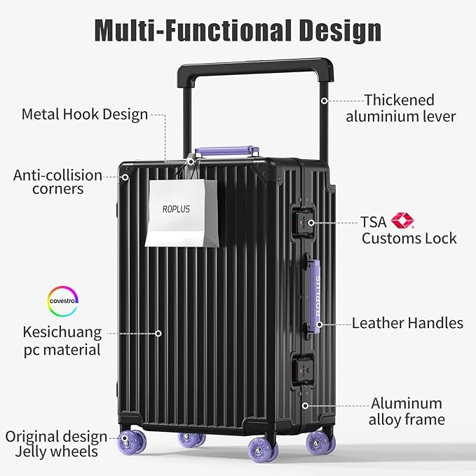 Aluminium Frame Checked-Luggage with Smooth Jelly Wheels, Hardside Zipperless Rolling Suitcase with TSA Lock (BlackPurple, 28-Inch)