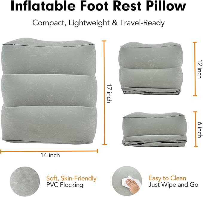 Inflatable Foot Rest Pillow for Travel, Adjustable 3 Layers Height Cushion Kids/Adults Airplane Travel Pillow, Suitable for Trains, Cars, Office, Home Comfort - Grey