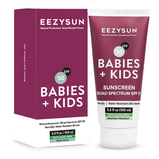 EEZYSUN Babies & Kids SPF 50 Mineral Sunscreen | Dermatologically Tested for Sensitive Skin | Contains Aloe Vera | Sweat/Water Resistant | Cruelty-Free | Reef-Safe | Travel Size - 3.3 FL OZ