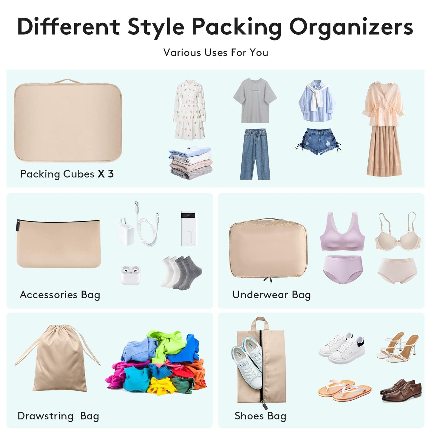 Lhelca 7 Set Packing Cubes Various Sizes Latest Double-Sided Water-Resistant Packing Organizer for Travel Accessories Luggage Carry On Suitcase Cream