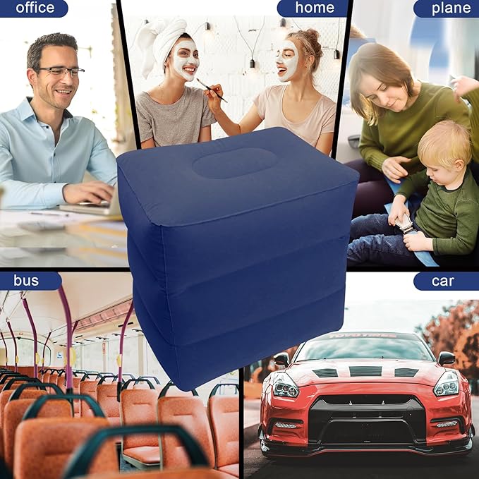 Travel Foot Rest Pillow, AHIER Inflatable Travel Leg Rest Pillow Bed for Foot Rest on Airplanes, Cars, Trains, Office to Rest on Long Flights (Deep Blue)