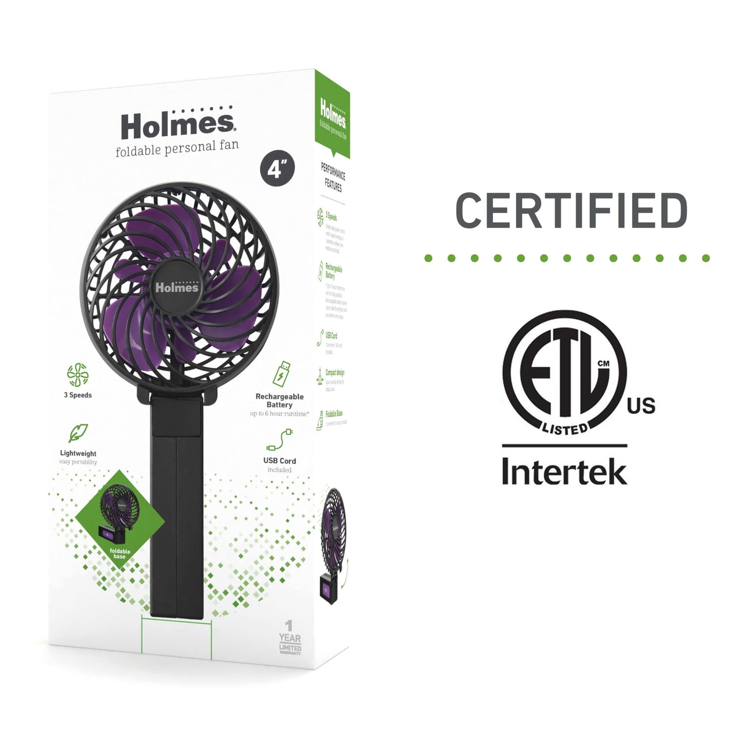 Holmes 4" Portable Handheld Fan – 3 Speeds, Rechargeable, USB-C, 180° Adjustable, Lightweight, Compact, for Home, Office, Travel – Black, 1-Year Limited Warranty