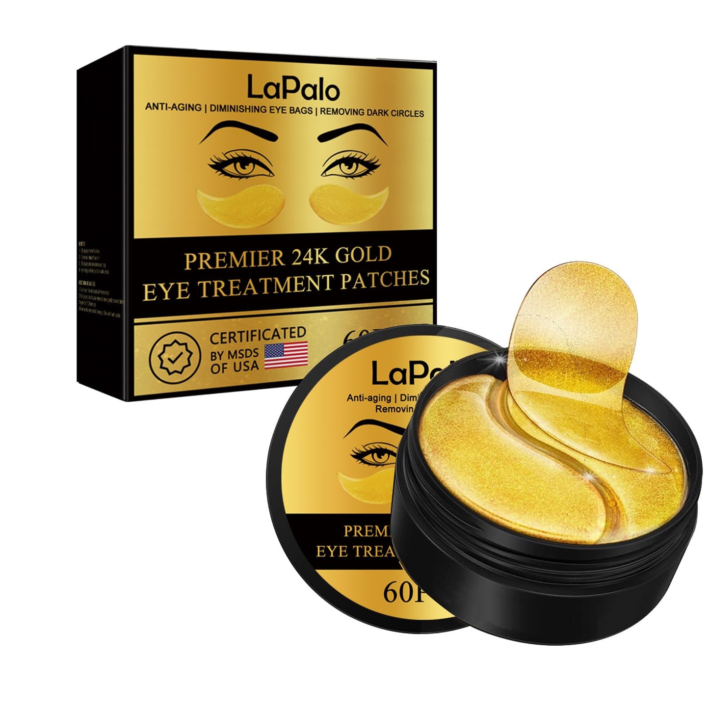 LaPalo 24K Gold Eye Mask (60Pcs) Under Eye Patches for Puffy Eyes & Dark Circles - with Collagen,Glycyrrhiza,Glabra, Natural Plant Ingredients Eye Skin Care Pads