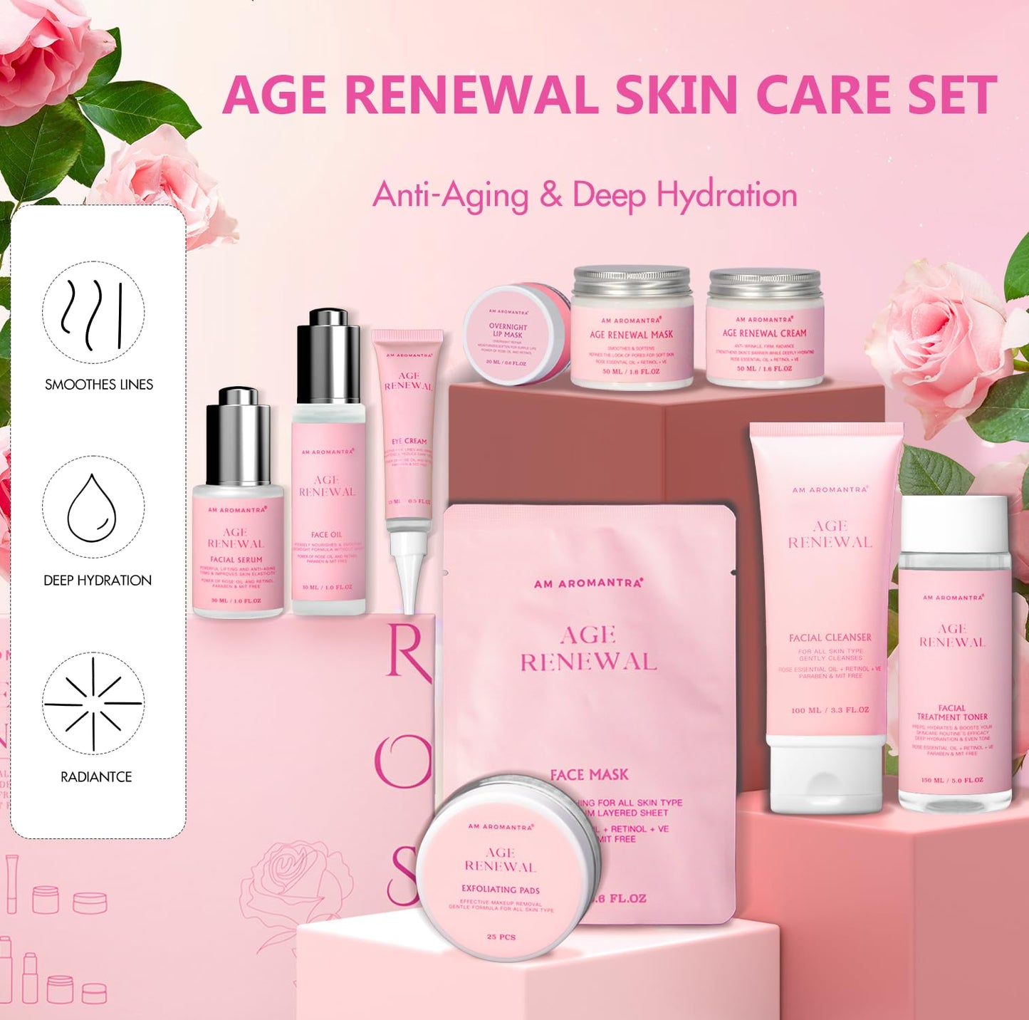 Mother's Day Gifts for Mom Skin Care Routine Kit for Women, Rose Essential Oil+Retinol+ Vitamin E, 10-Piece Complete Skin Care Set, Korean Skin Care Set, Birthday Gifts for Women