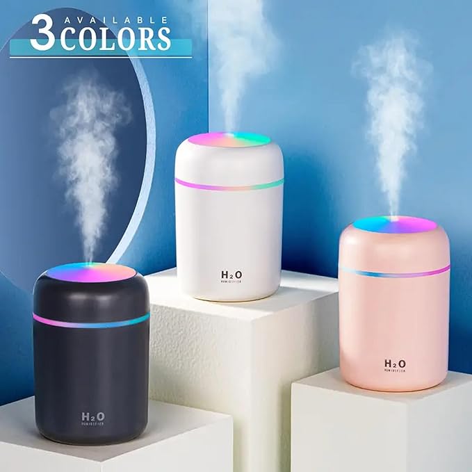 Portable Mini Humidifier, Colorful, Cool Mist, USB Powered. Perfect for Bedroom, Office & Car (300ml, Pink)