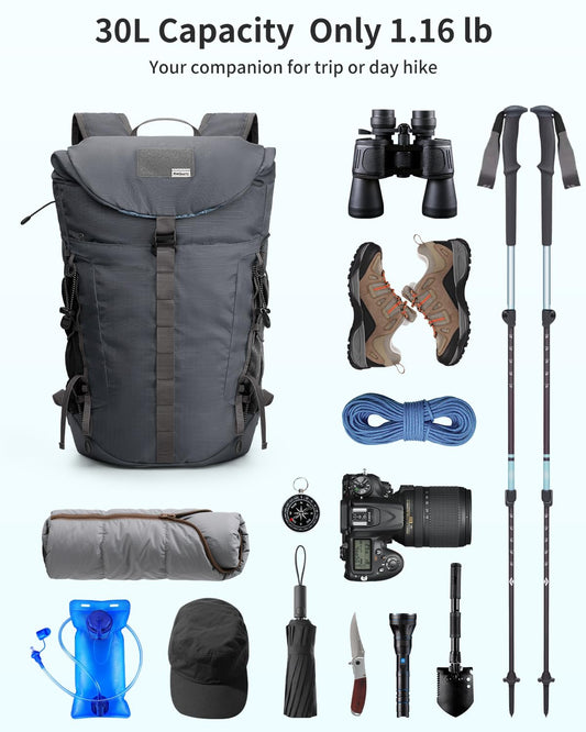 Blue Quartz Hiking Backpack 30L Lightweight Packable Backpack for Travel, Water Resistant Foldable Daypack for Women Men, Gray
