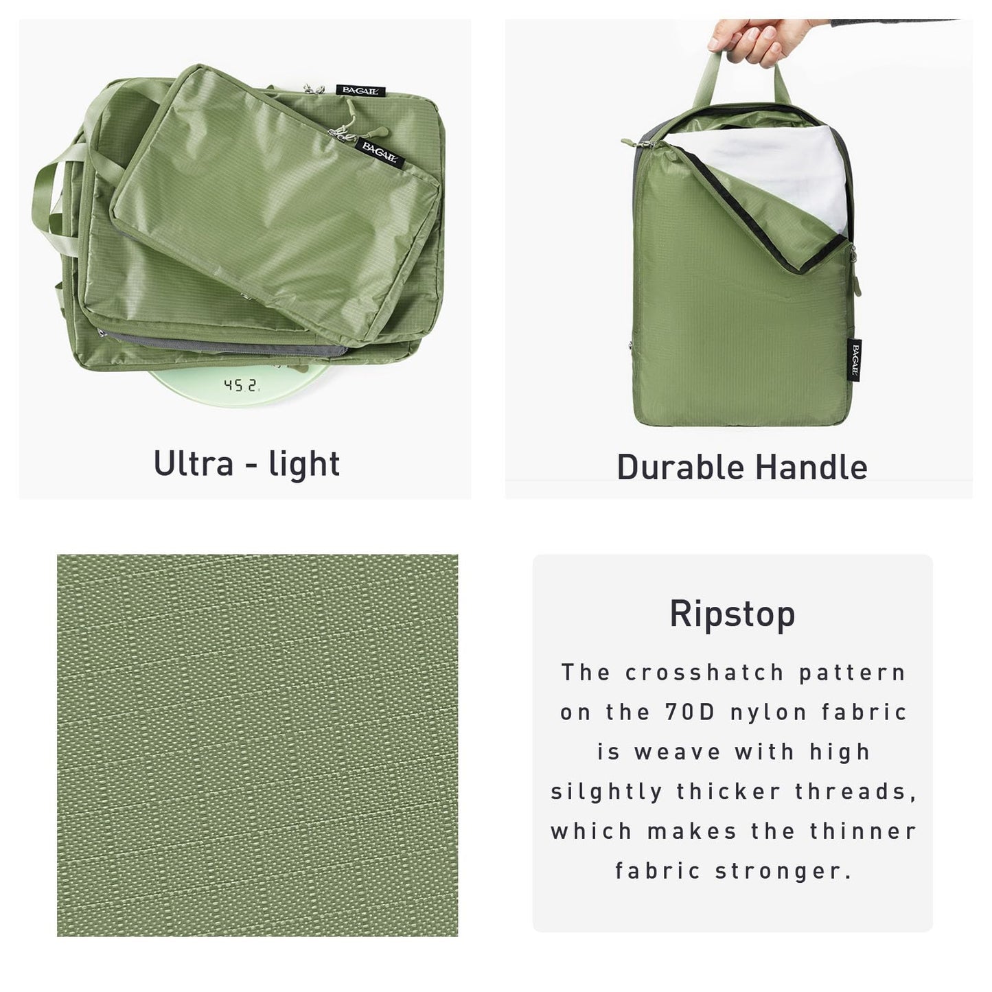 Bagail Ultralight Packing Cubes 7 Set, 3 Compression Packing Cubes 3 Packing Organizers With 1 Shoe Bag-Matcha