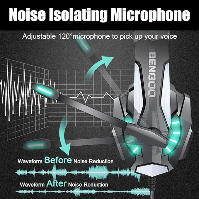 BENGOO G9000 Stereo Gaming Headset for PS4 PC Xbox One PS5 Controller, Noise Cancelling Over Ear Headphones with Mic, LED Light, Bass Surround, Soft Memory Earmuffs for Laptop Mac - Black