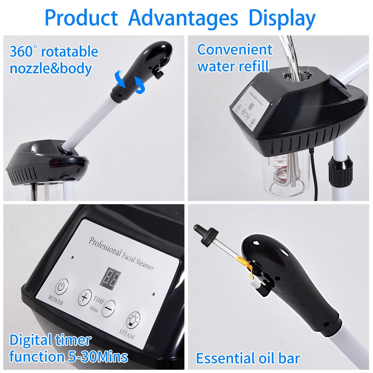 Fuehomue Professional Facial Steamer on Wheels, Facial Steamer for Facial Deep Cleaning, Facial Humidifier for Spa, Adjustable Height for Spa, Salon and at Home Use