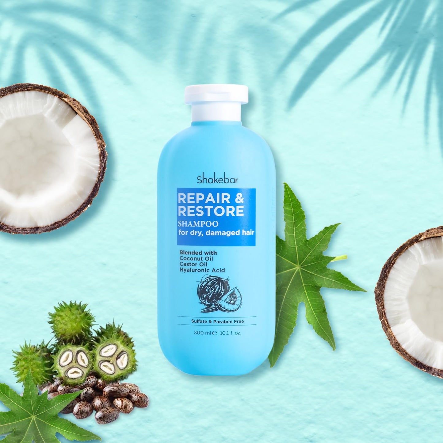 SHAKEBAR Coconut Shampoo and Conditioner, Natural Castor Oil Shampoo and Conditioner, Moisturize Dry & Damaged Hair, Hydration & Softens, Sulfate & Paraben Free.300ml / 10.1fl Oz.