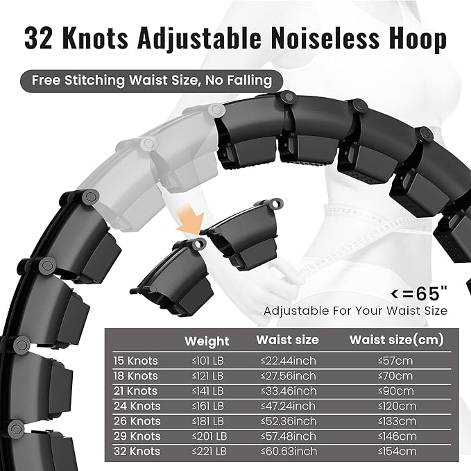 65inch 32 Knots Plus Size Quiet Weighted Hula Infinity Fitness Detachable Hoops Smart Silent Infinity Hula for Women 2 in 1 Waist and Abdominal Workout Hoop