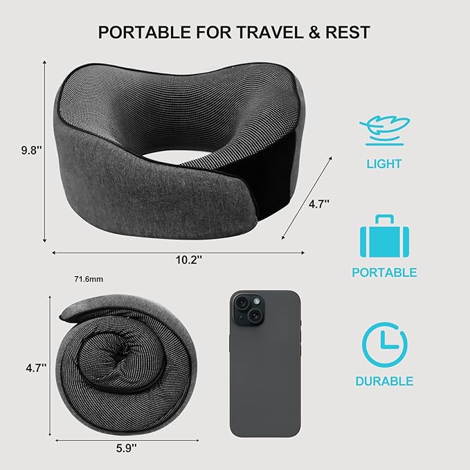 Travel Pillows for Airplanes, 100% Pure Memory Foam Neck Pillow for Airplanes, Comfortable Breathable Cover, 360° Support Pillows for Sleeping, Car, Airport Travel Essentials (Gray)