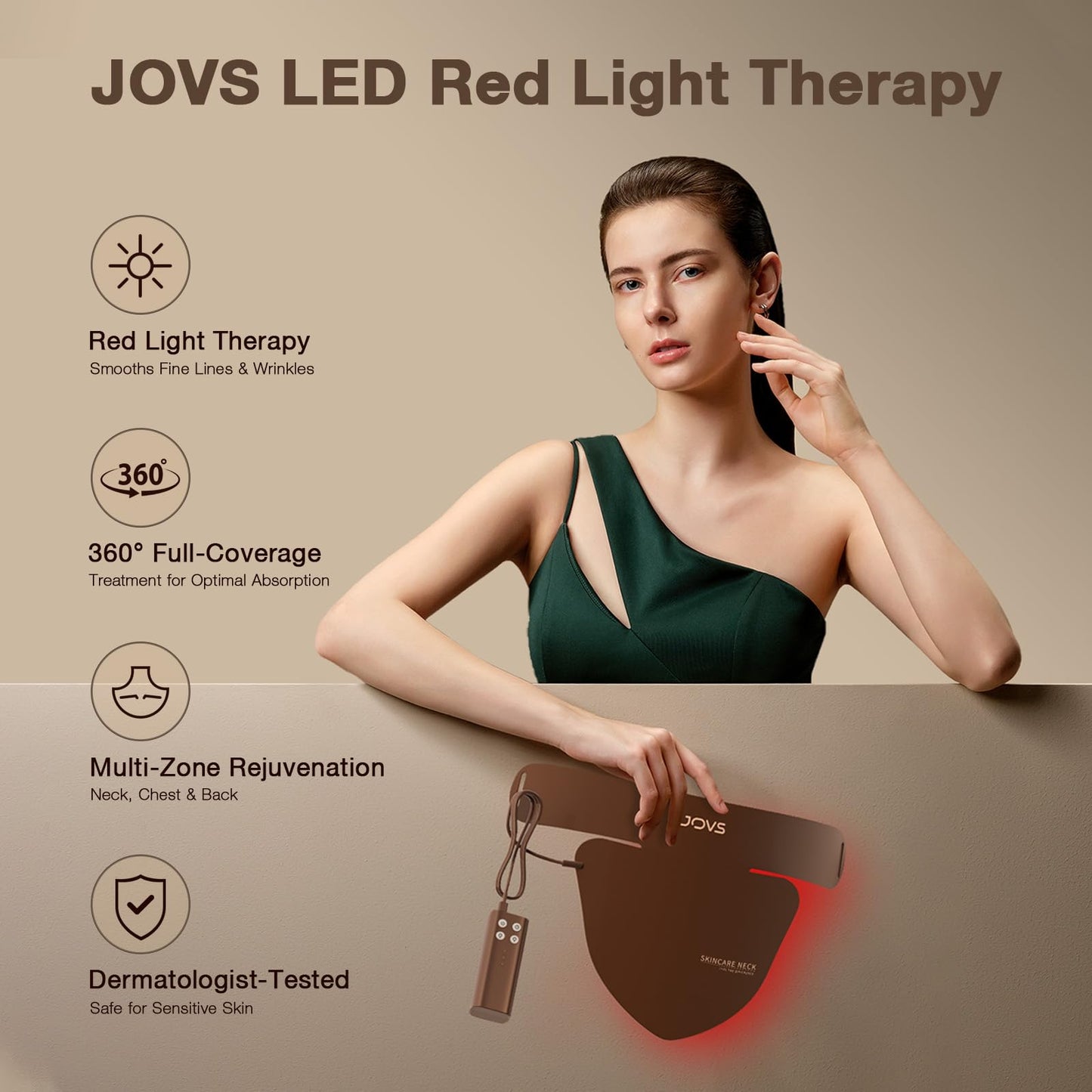 JOVS LED Neck & Chest Mask, LED Red Light Therapy for Neck, 66 LED Light Beams and 630nm Red Light Therapy for Neck Decollete Chest Body, Skin Care Device at Home and Travel