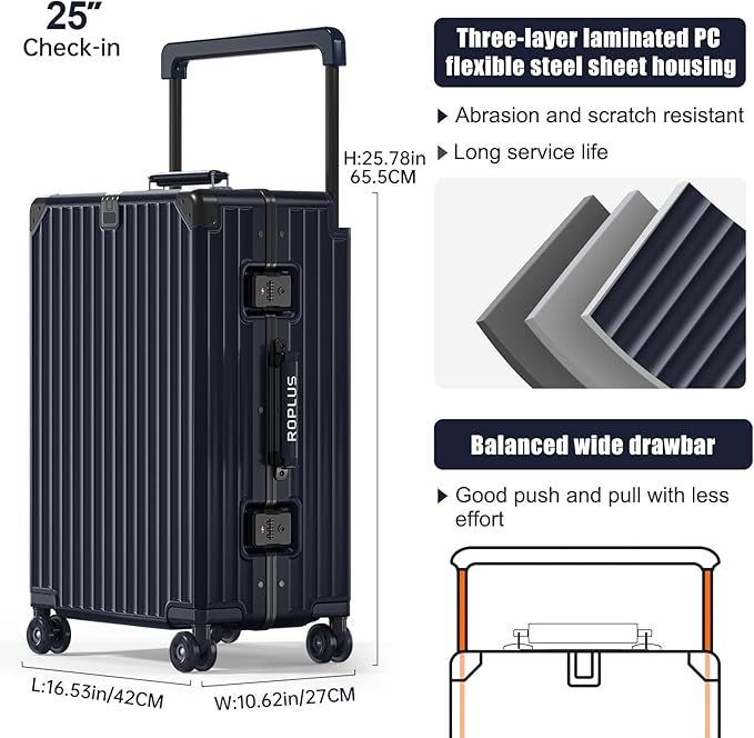 Aluminium Frame Checked-Luggage with Smooth Jelly Wheels, Hardside Zipperless Rolling Suitcase with TSA Lock (Blue, 24-Inch)