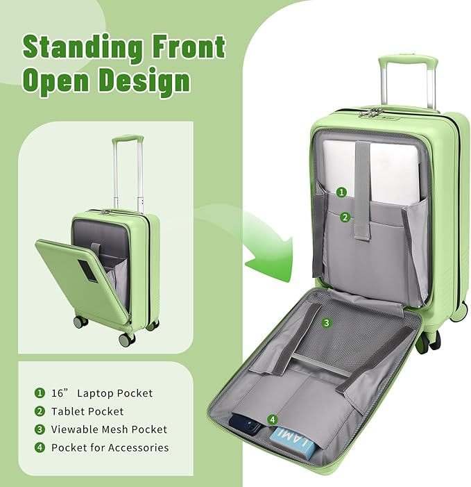 2 Piece Luggage Sets with Spinner Wheels Front Open Pocket, ABS+PC Suitcase with TSA Lock & YKK Zipper, Carry On 20/24 inch Medium +Toiletry Bag+Handbag, Light Avocado Green