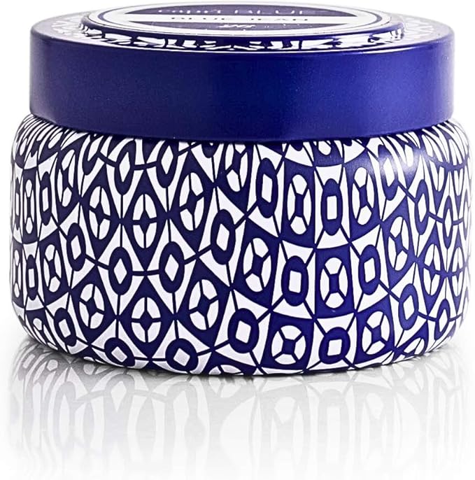 Capri Blue Printed Travel Tin Jar - Luxury Candle with a Soy Wax Blend - Scented Candles for Home with Notes of Citrus, White Musk & Patchouli (Blue Jean, 8.5 oz)
