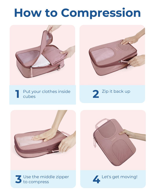 BAGSMART Compression Packing Cubes for Travel, 6 Set Packing Cubes for Suitcases, Lightweight Suitcases Organizers Bag Set & Compression Cubes, Travel Essentials Packing Organizers Dusty Pink