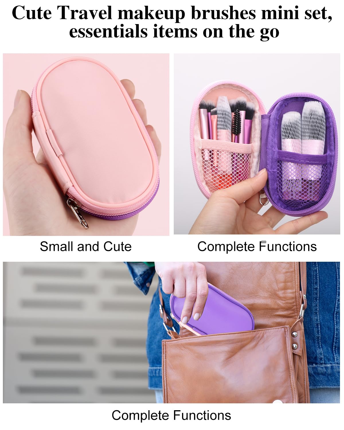 PGRODE Mini Travel Makeup Brushes Set, 14 Pieces, Portable Full Complete Function Cosmetic Kit with Brush Pouch, On the Go Short Makeup Brush Small Travel Essentials for Women, Girls (Colorful)