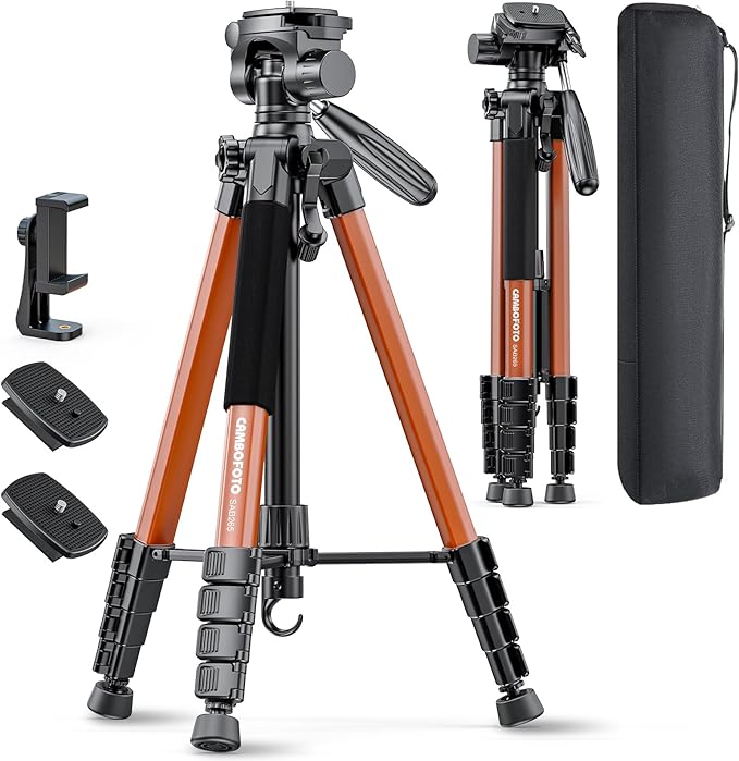 74"-Camera-Tripod, Professional Aluminum Heavy Duty Tripod Stand for Mirrorless Camera/DSLR/Cell Phone/Camcorder, with Holder and Travel Bag (Orange)