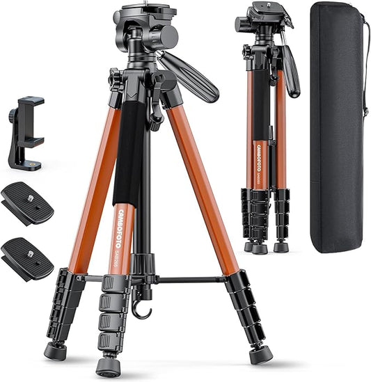 74"-Camera-Tripod, Professional Aluminum Heavy Duty Tripod Stand for Mirrorless Camera/DSLR/Cell Phone/Camcorder, with Holder and Travel Bag (Orange)