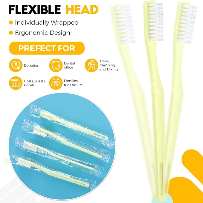 CHENGU 200 Pack Individually Wrapped Disposable Toothbrush Bulk Single Use Toothbrush with Soft Bristle for Women Men Adult Hotels Guest Travel Donation(Yellow)