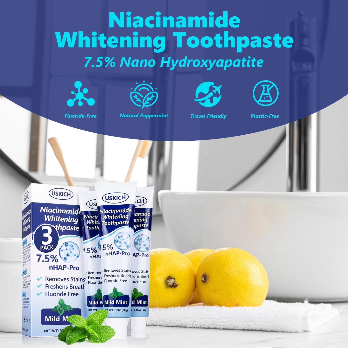 7.5% Nano-Hydroxyapatite Toothpaste,3 Pack Fresh Breath Whitening Toothpaste for Remineralizing Enamel & Sensitive Relief,Antiplaque,Natural Peppermint,Fluoride-Free