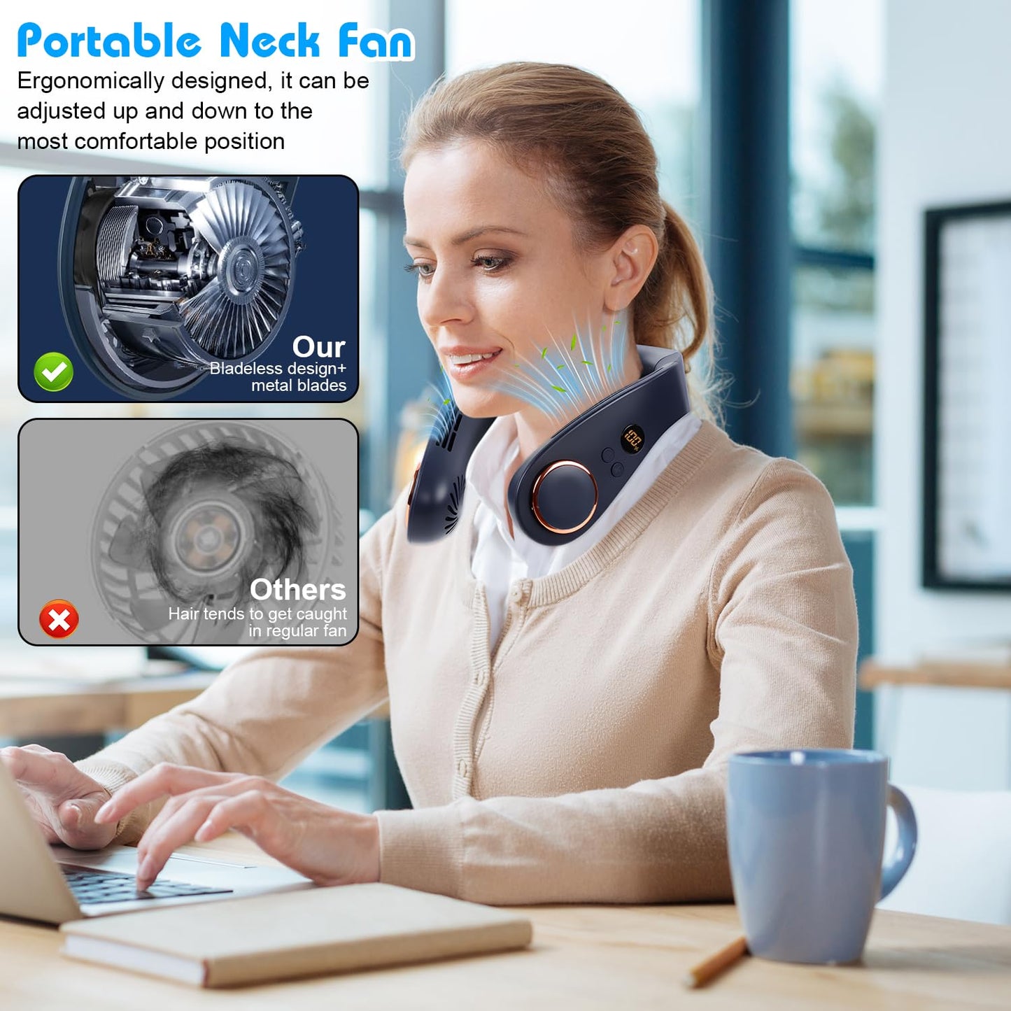 Neck Fan with Cooling Plate,5500mAh Neck Fans that Blow Cold Air Rechargeable Battery Operated,Bladless Quiet Personal Portable Neck Fans for Women Men,Wearable Neck Coolers for Hot Weather (White)