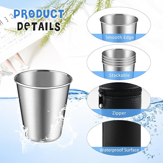 3 Set/12Pcs 70ml Stainless Steel Cups with Storage Bag Metal Drinking Cups Stackable Water Tumblers for Bar Home Travel Office Outdoor Camping,4 Pcs/Set,Dishwasher Safe