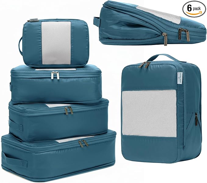 6-Pack Compression Packing Cubes Travel Essentials - Lightweight, Water-Resistant Luggage Organizer Bags with Handles, Durable Travel Accessories Suitcase Organizer (Teal)